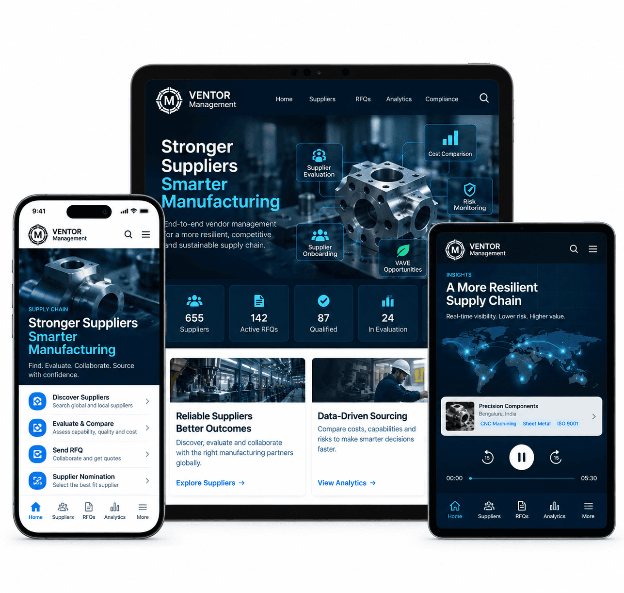 Vendor Management app shown on phone, tablet, and mobile